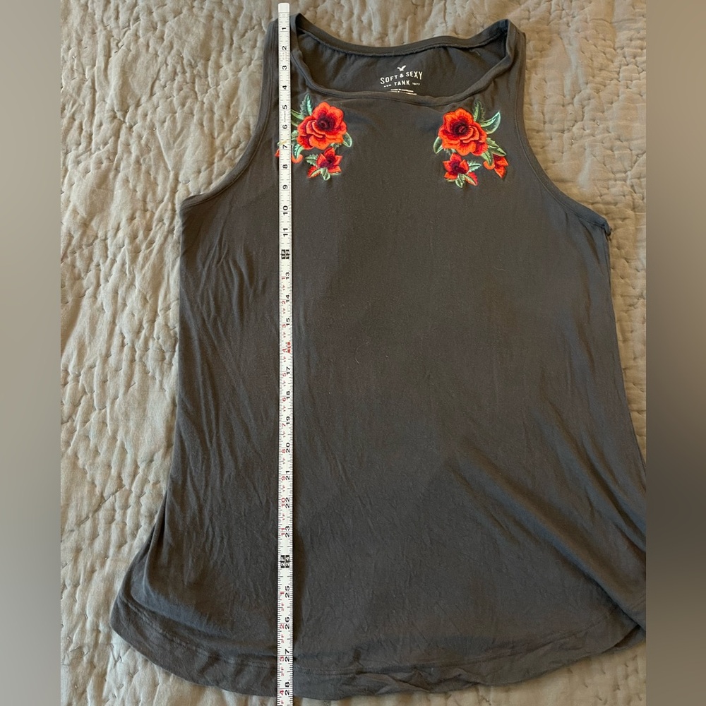 American Eagle Soft & Sexy Tank Top Gray Red Floral Embroidery long viscose - Picture 5 of 8